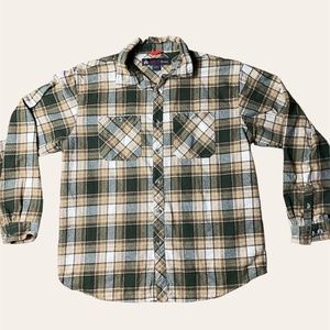 AmericaWare Flannel Long Sleeve Button Up Green Tan Plaid Mens Size XXL collar